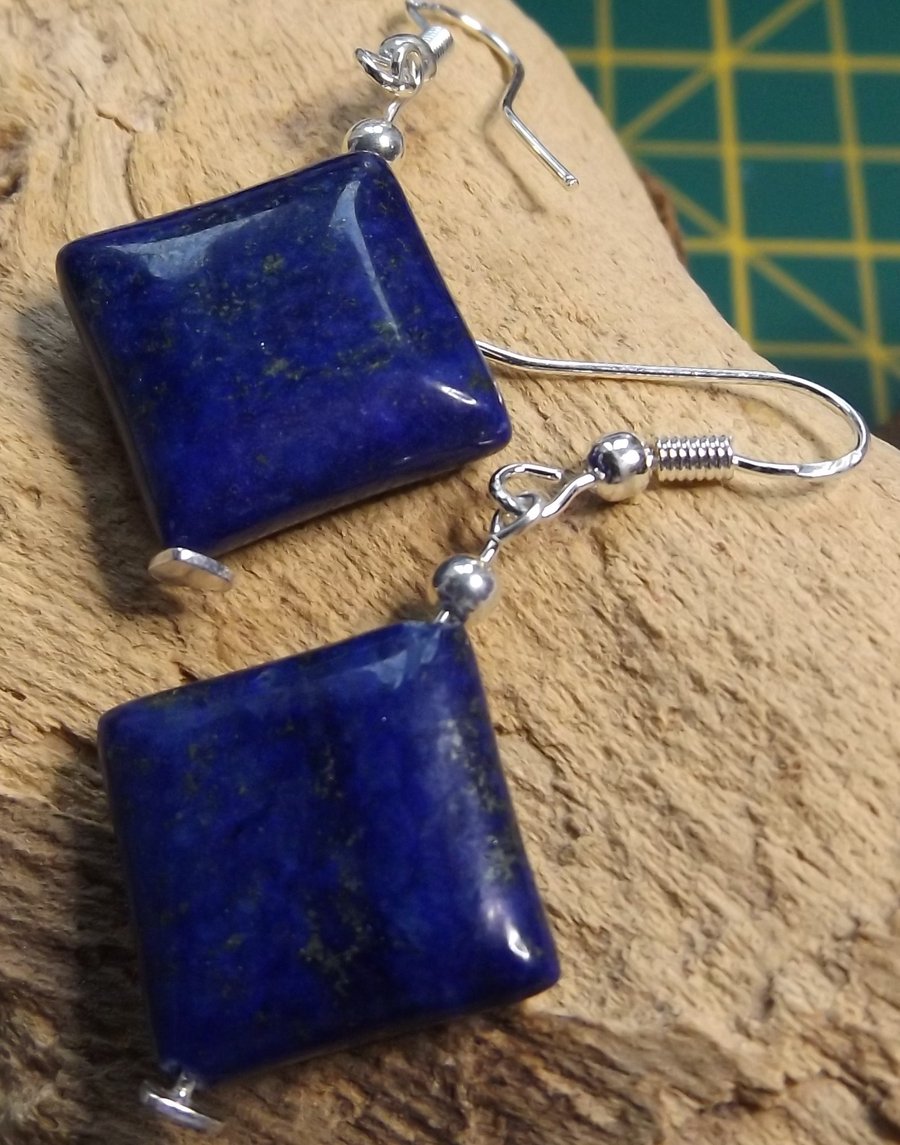  Lapis lazuli diamond shape sterling silver earrings