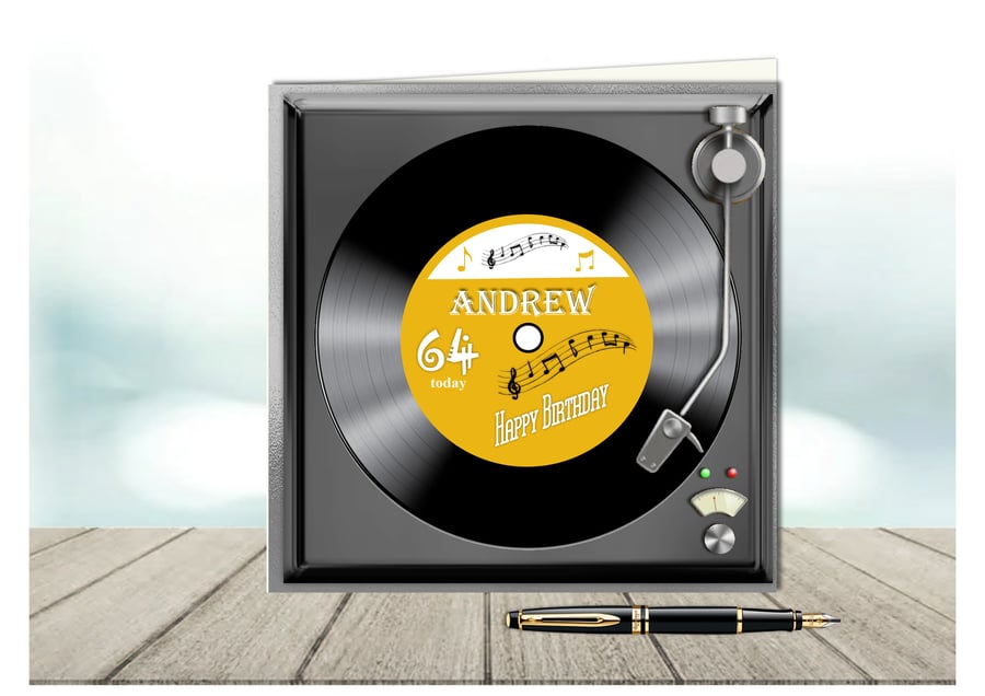 Personalised Vinyl Record on turntable birthday card with gold label 