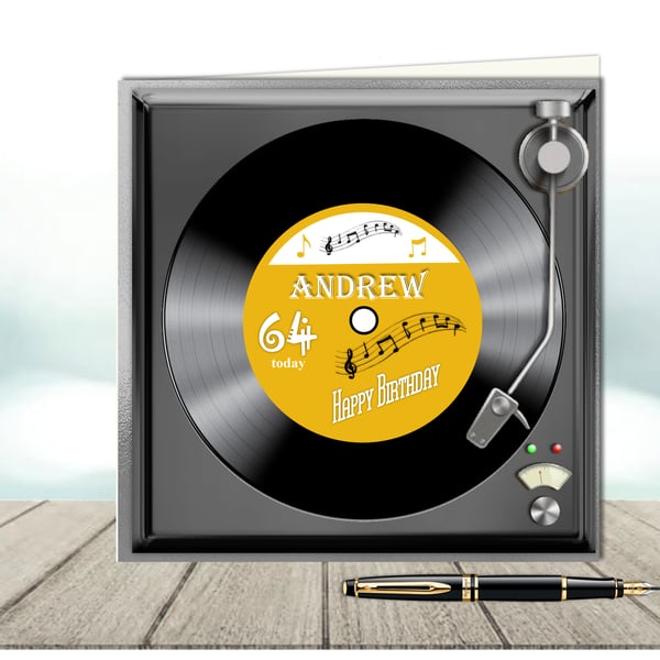 Personalised Vinyl Record on turntable birthday card with gold label 