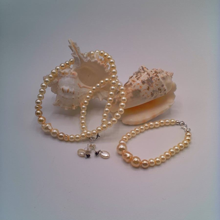 Necklace, Bracelet and Earrings Made Using Cream Pearls, Pearl Jewellery