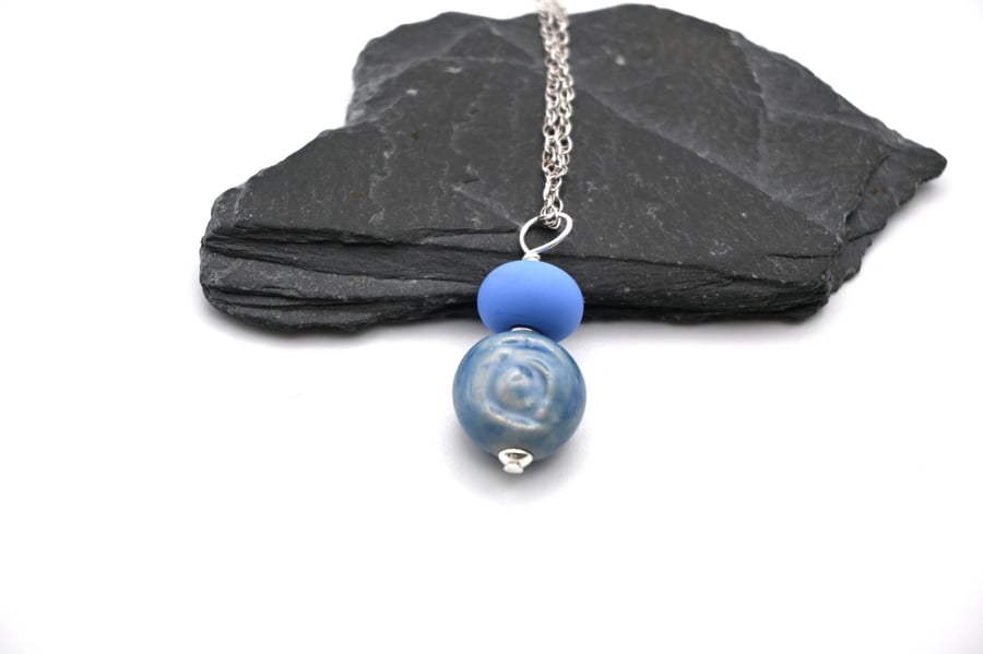 blue ceramic rose pendant necklace