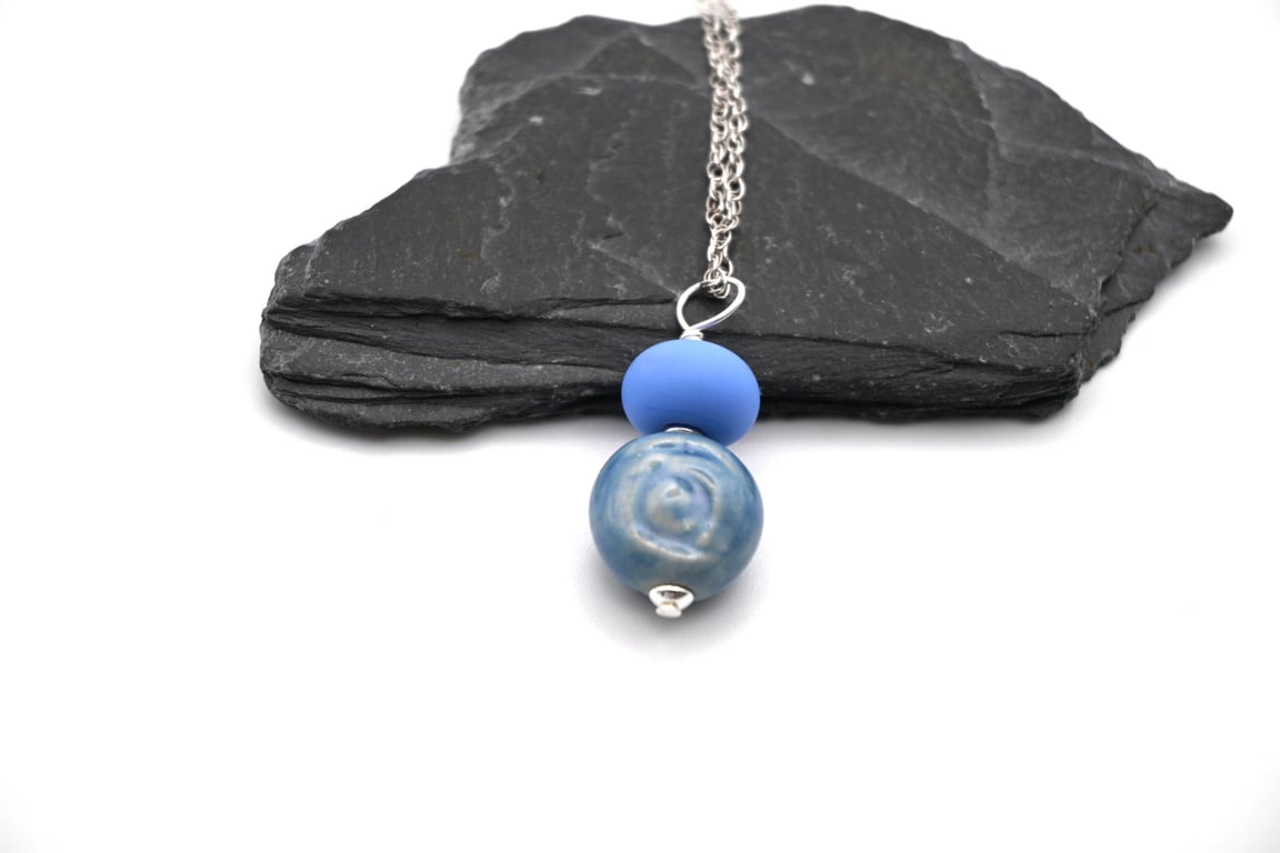 blue ceramic rose pendant necklace