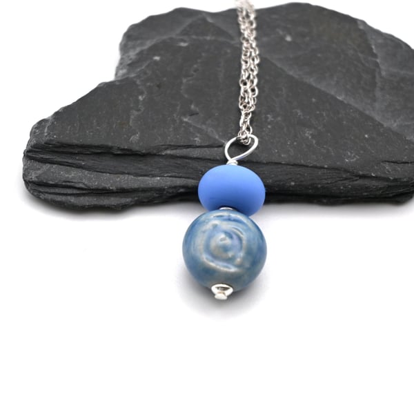 blue ceramic rose pendant necklace