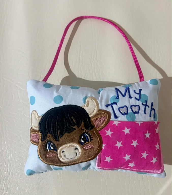  Tooth fairy Pillow, Embroidered Highland Cow