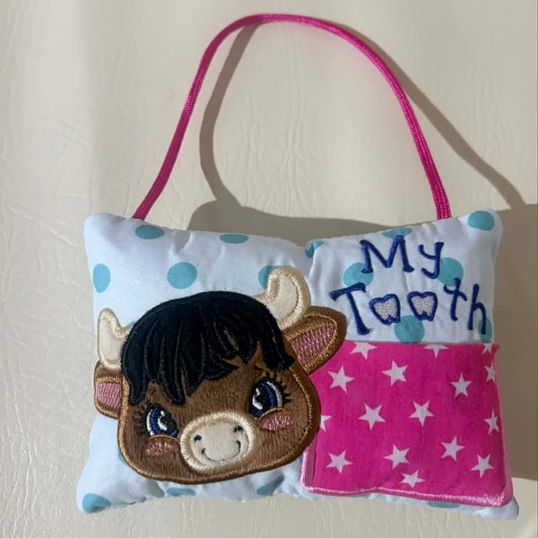  Tooth fairy Pillow, Embroidered Highland Cow