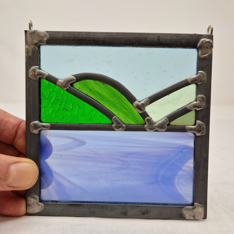 Stained glass summer landscape leaded panel.