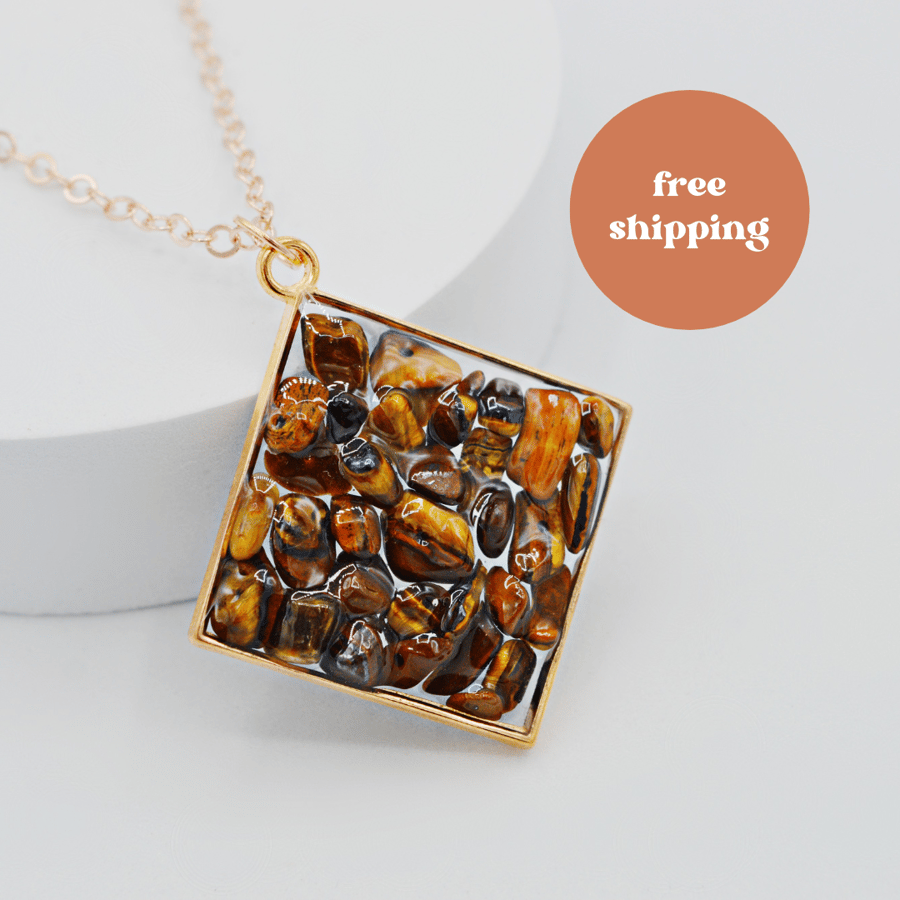 Tiger Eye Rose Gold plated Square Worry Stone Necklace - Free Postage