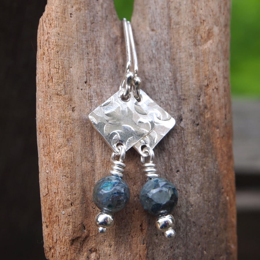 Silver dangle earrings, green azurite earrings