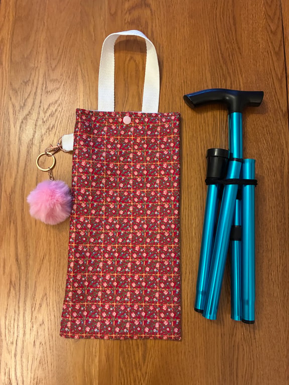 Foldable Walking Stick Bag with Pom Pom Keyring – Handmade Walking Cane Storage 