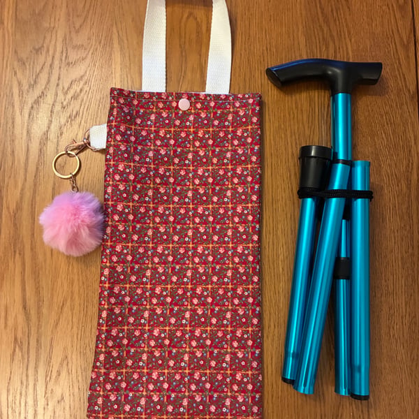 Foldable Walking Stick Bag with Pom Pom Keyring – Handmade Walking Cane Storage 