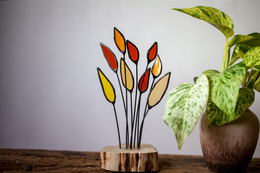 Stained Glass Autumn Flowers Suncatcher Ornament