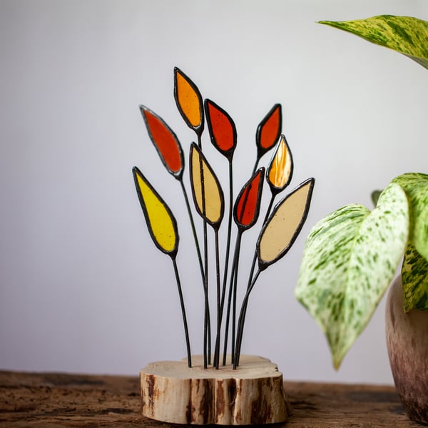 Stained Glass Autumn Flowers Suncatcher Ornament