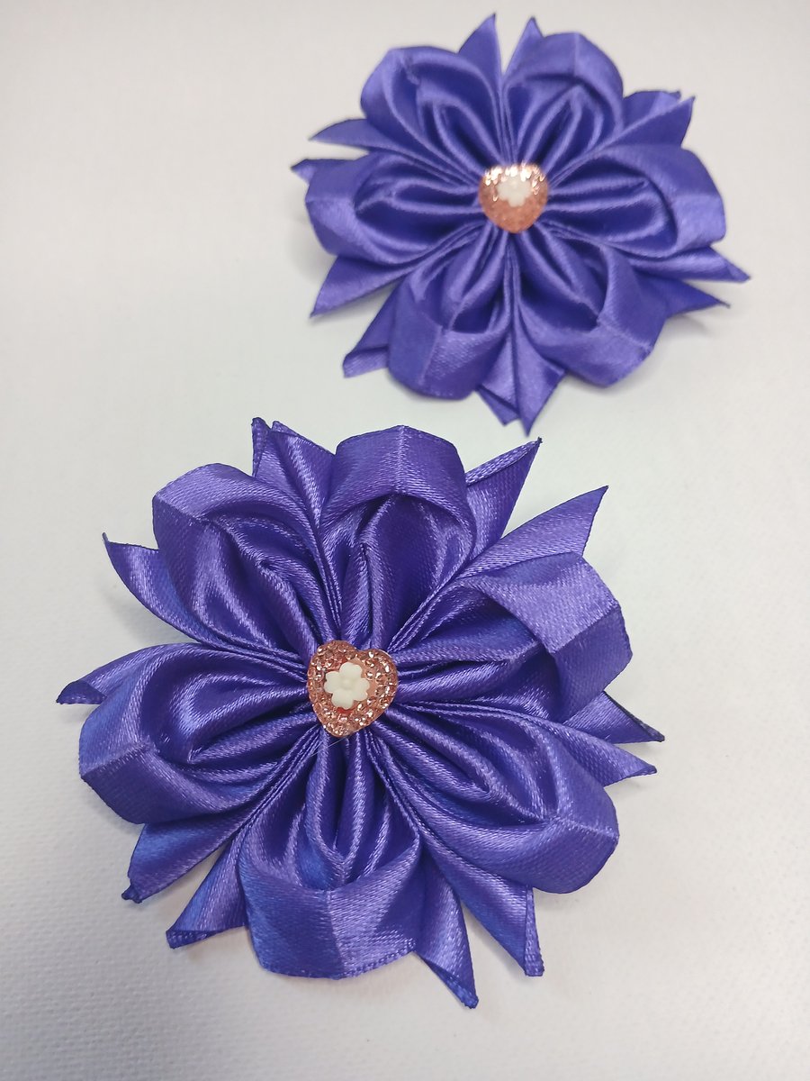 Pair of Purple Satin Ribbon Flower Hair Ties, Ponytail Holders for School 