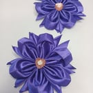 Pair of Purple Satin Ribbon Flower Hair Ties, Ponytail Holders for School 