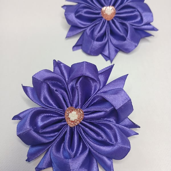 Pair of Purple Satin Ribbon Flower Hair Ties, Ponytail Holders for School 