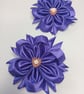 Pair of Purple Satin Ribbon Flower Hair Ties, Ponytail Holders for School 