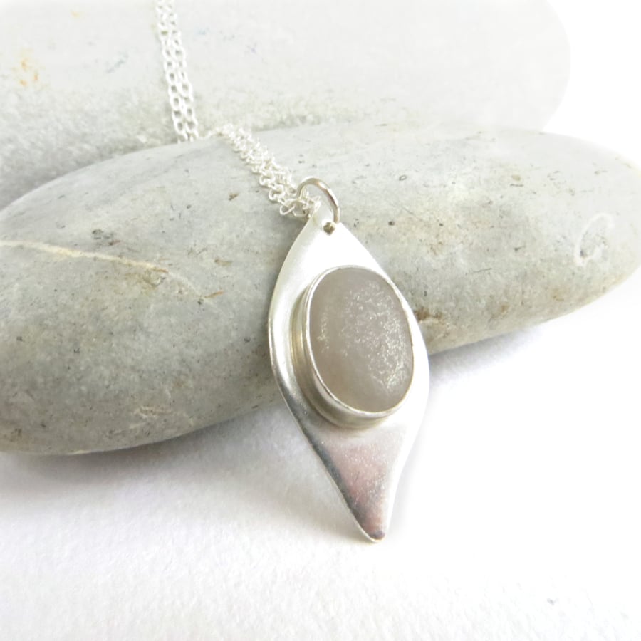 Sterling Silver and White Sea Glass Pendant, Norfolk Seaglass Necklace, OOAK