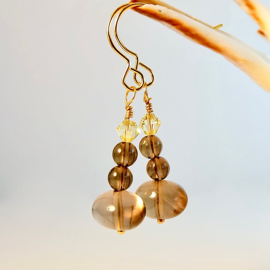 Smoky Quartz Earrings With Swarovski 'Jonquil' Crystals - Handmade In Devon