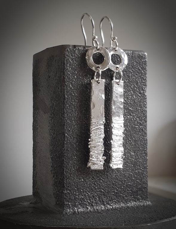 BRUTALIST TEXTURED DANGLE Handmade Receyled Sterling Silver Earrings