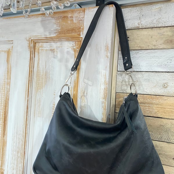 Handbag - Ash Black Leather & Vermillion Red Silk Shoulder Bag - Mother’s Day 