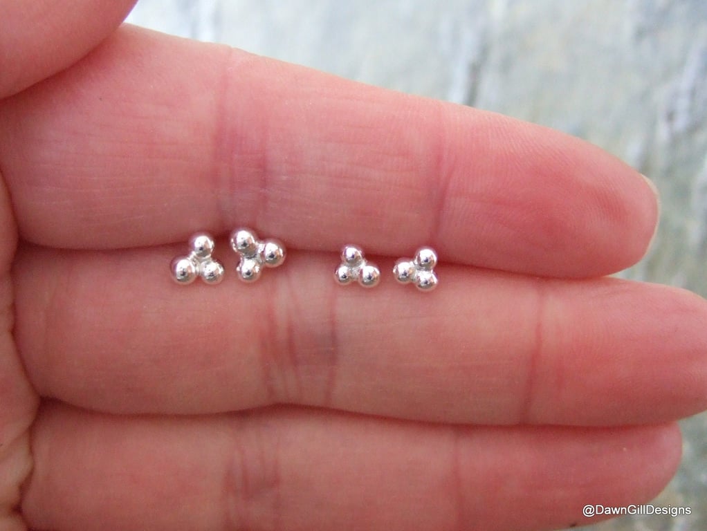 Delicate triplet balled solid recycled sterling silver stud earrings
