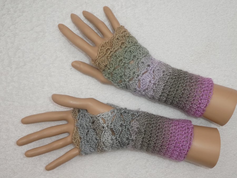 Crochet Fingerless Gloves Wrist Warmers in Double Knit Yarn Grey and Lilac No 3
