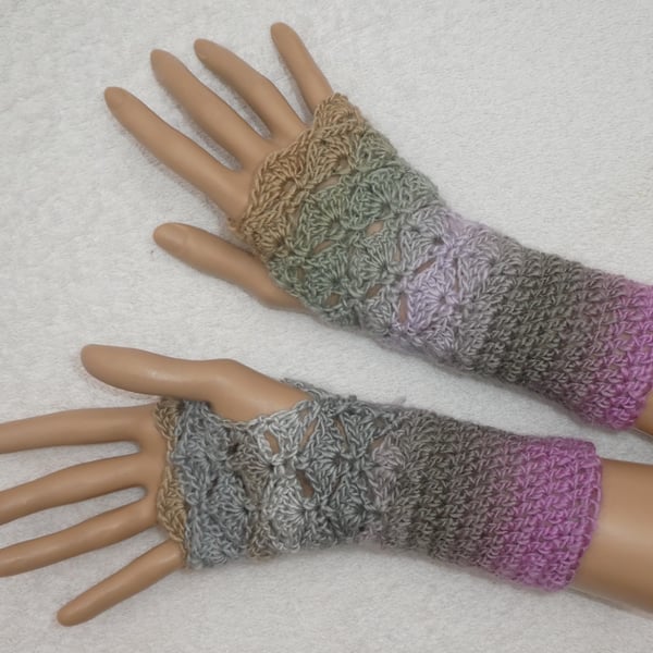 Crochet Fingerless Gloves Wrist Warmers in Double Knit Yarn Grey and Lilac No 3