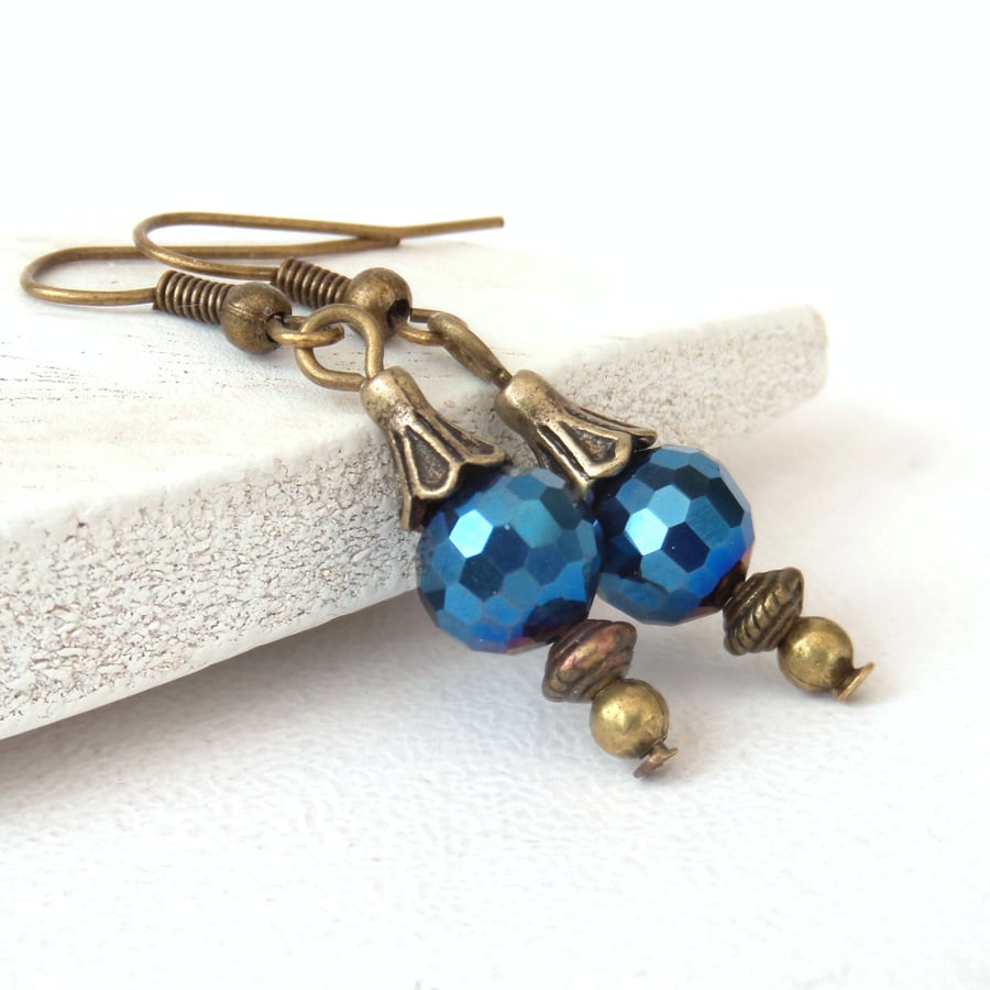 Sparkly blue crystal and bronze earrings, vintage inspired