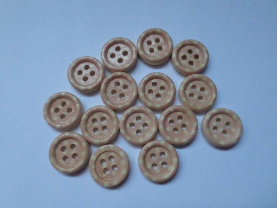15 x 4-Hole Printed Wooden Buttons - Round - 15mm - Polka Dot - Pale Pink 