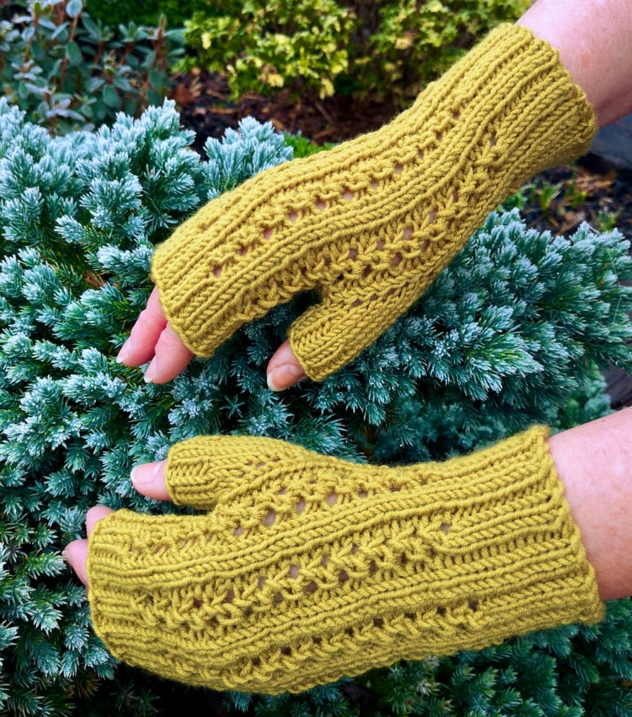 Hand Knitted Fingerless Gloves, Merino Wool Green Mitts
