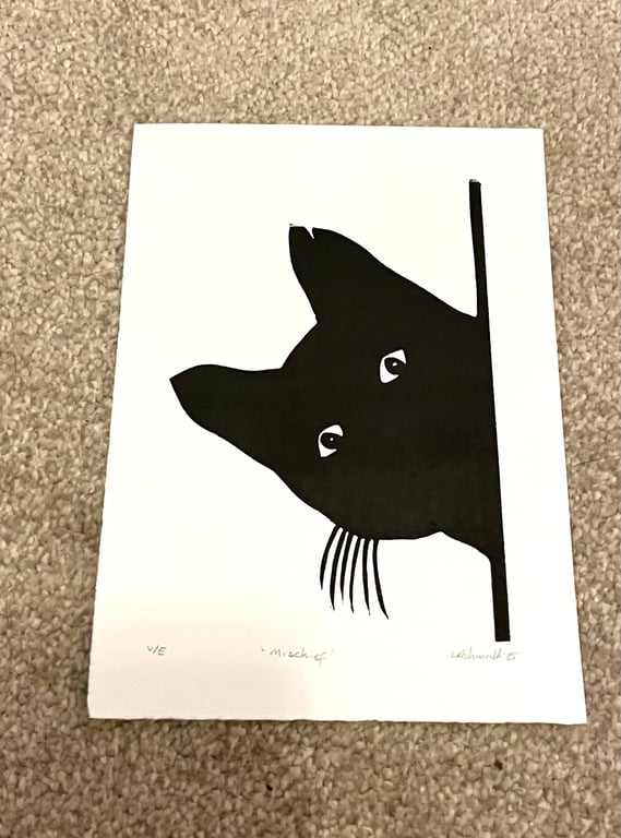 Mischief Black Cat Lino print