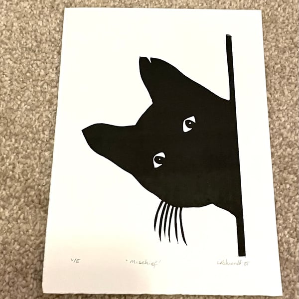 Mischief Black Cat Lino print