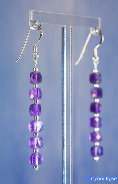 Earrings with Beautiful Amethyst Faceted Cubes 