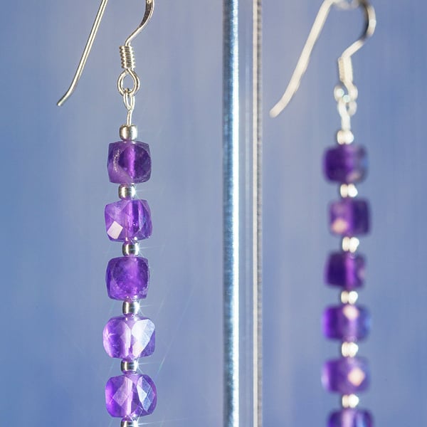 Earrings with Beautiful Amethyst Faceted Cubes 