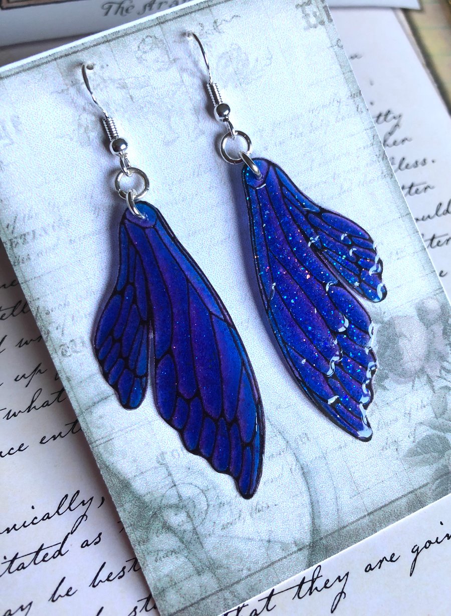 Dark Purple Double Fairy Wing Earrings Sterling Silver