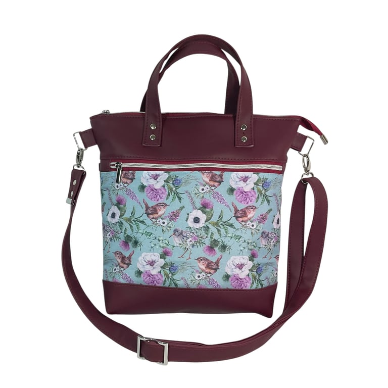 handbag in faux leather and bird print, carry handles tote, medium size