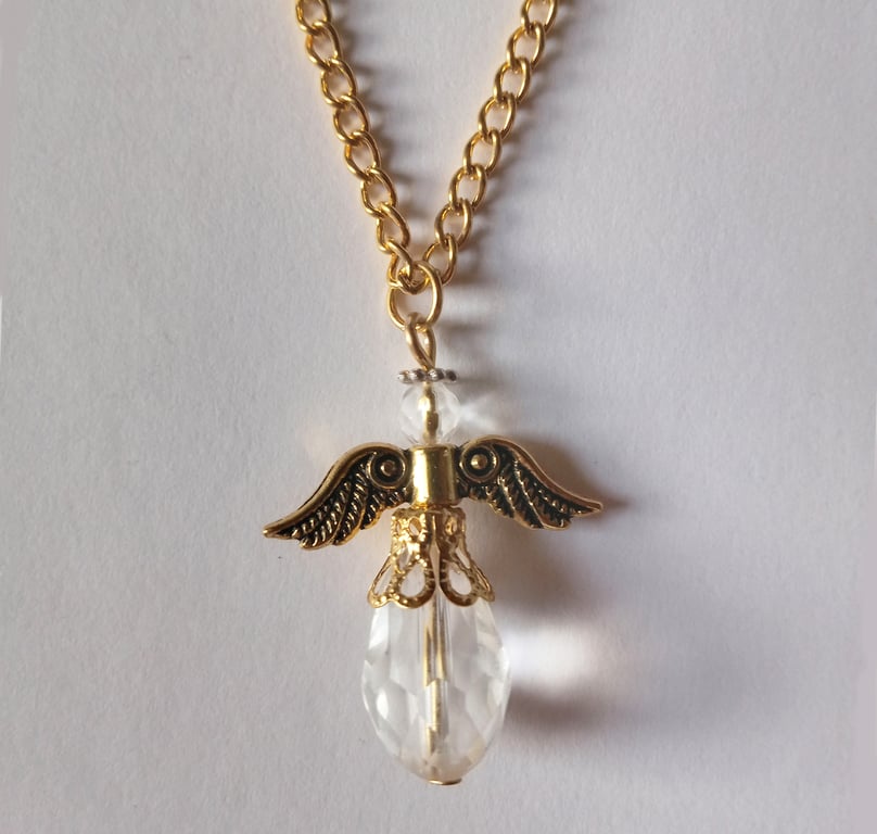 Gold Plate Clear Crystal Angel Necklace