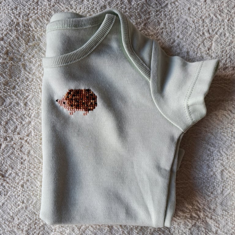 Hedgehog, baby vest, age 0-3 months, hand embroidered