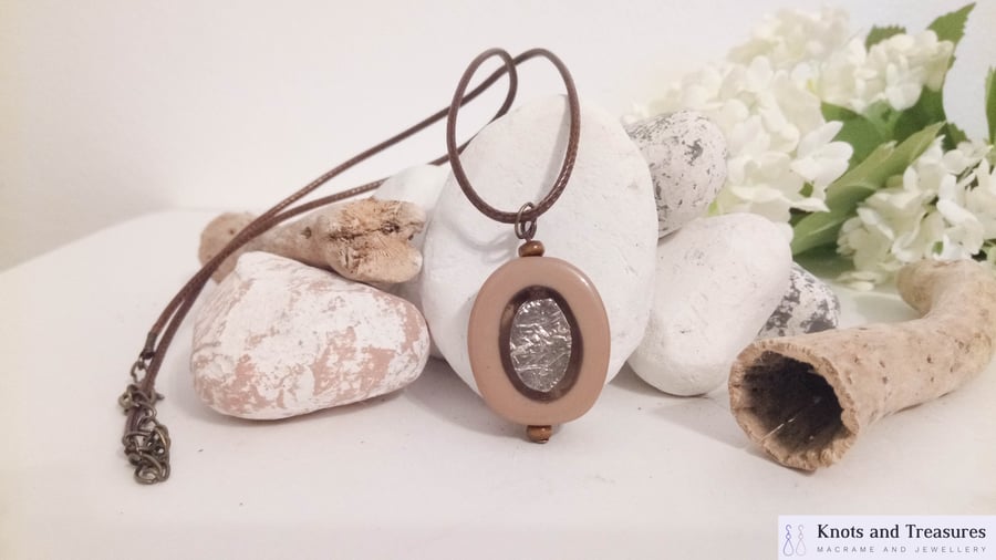 Beige and Gold Foil Resin Pendant Leather Necklace