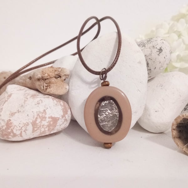 Beige and Gold Foil Resin Pendant Leather Necklace