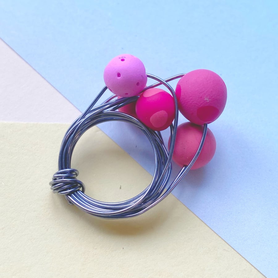 Bright bead hoops ring, polymer clay bead ring, statement ring