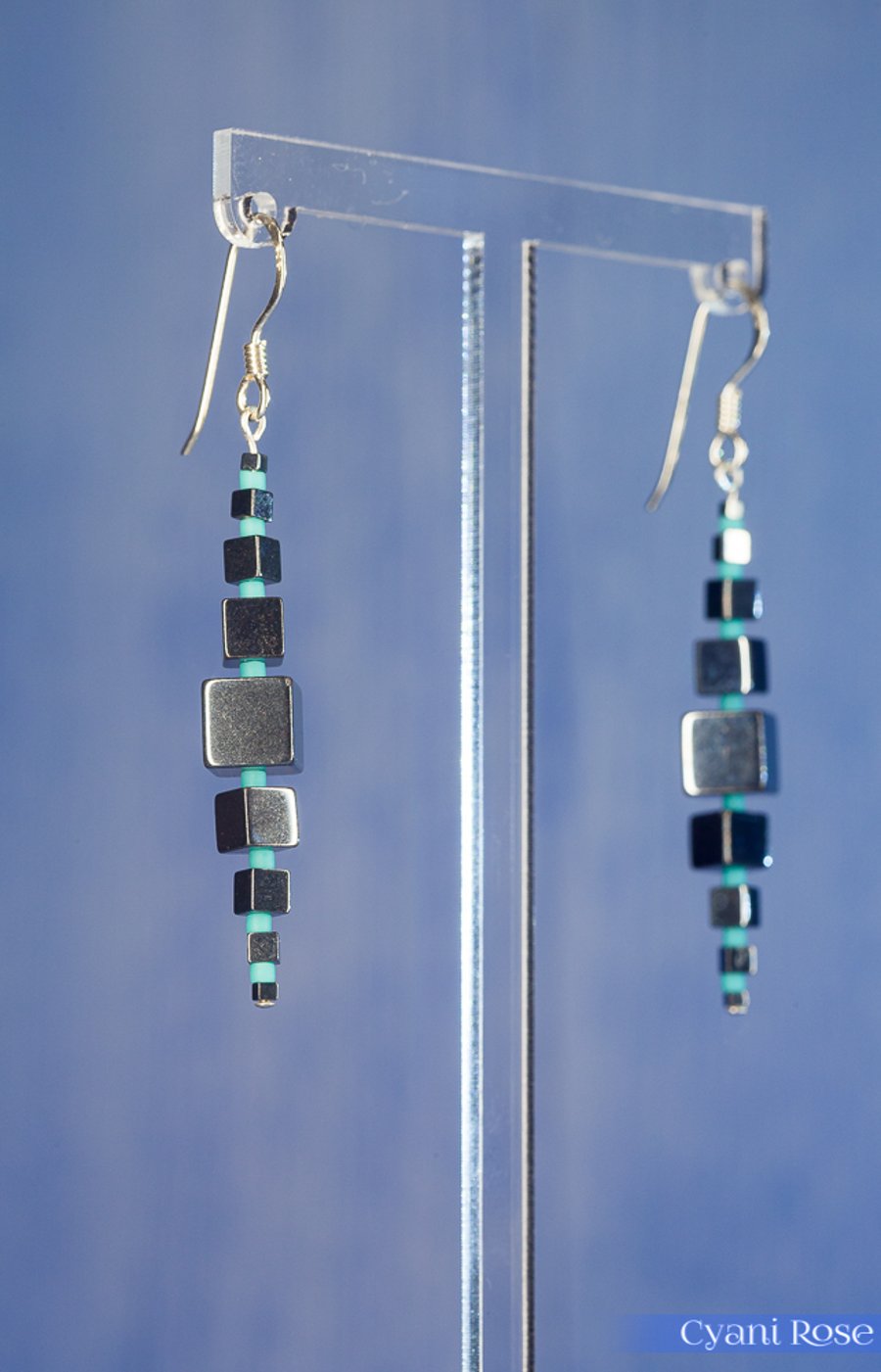 Sterling Silver Hematite and Seed Bead unique cubed earrings