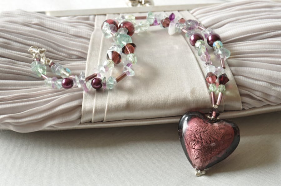 Handmade Amethyst Foil Heart Necklace with Flourite Gemstone Chips & Glass Beads