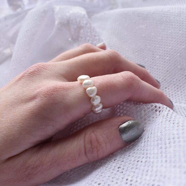 Handmade Freshwater Pearl Stretch Ring - Bridal & Everyday Jewellery