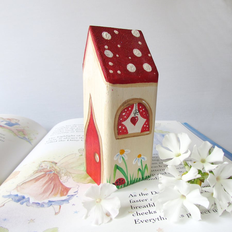 Fairy House with Red Painted Details and Red Heart