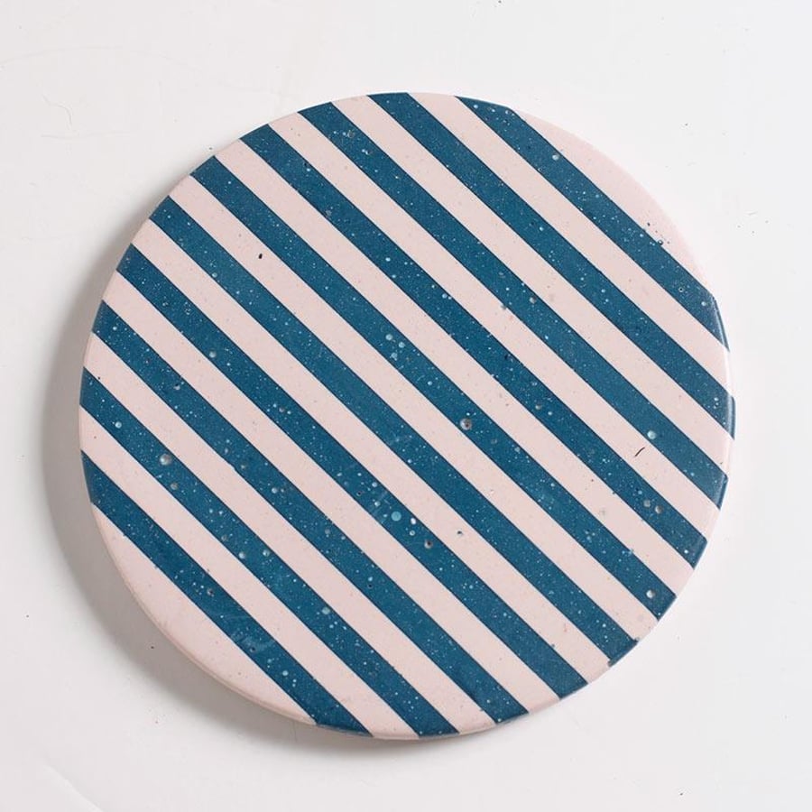 Blue Stripe Coasters, Handmade Jesmonite, Cork Concrete Ceramic, Coffee Coaster