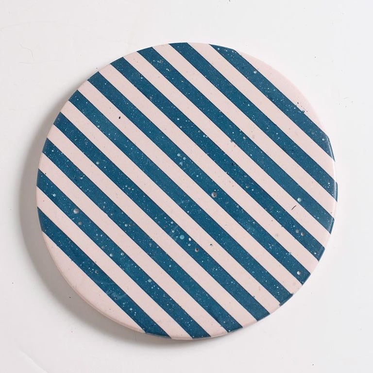 Blue Stripe Coasters, Handmade Jesmonite, Cork Concrete Ceramic, Coffee Coaster