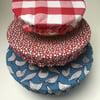 Set of 3 reusable bowl covers to keep food fresh. Blues and reds with chickens.