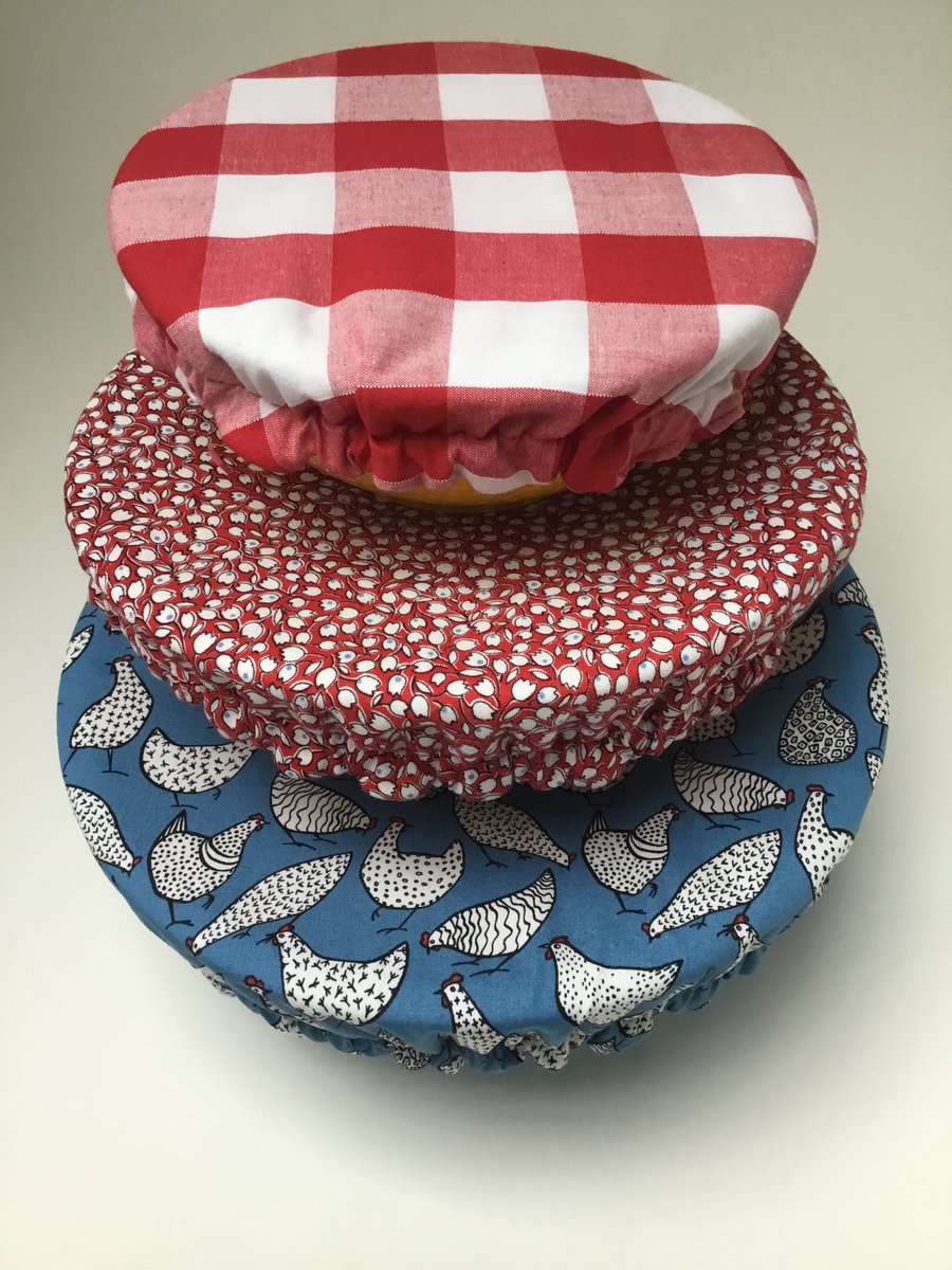 Set of 3 reusable bowl covers to keep food fresh. Blues and reds with chickens.