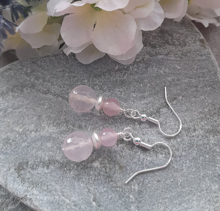 Dyed Rose Quartz Faceted Pink Dangle Earrings Sterling Silver Dyed Rose Quartz Faceted Pink Dangle Earrings Sterling Silver